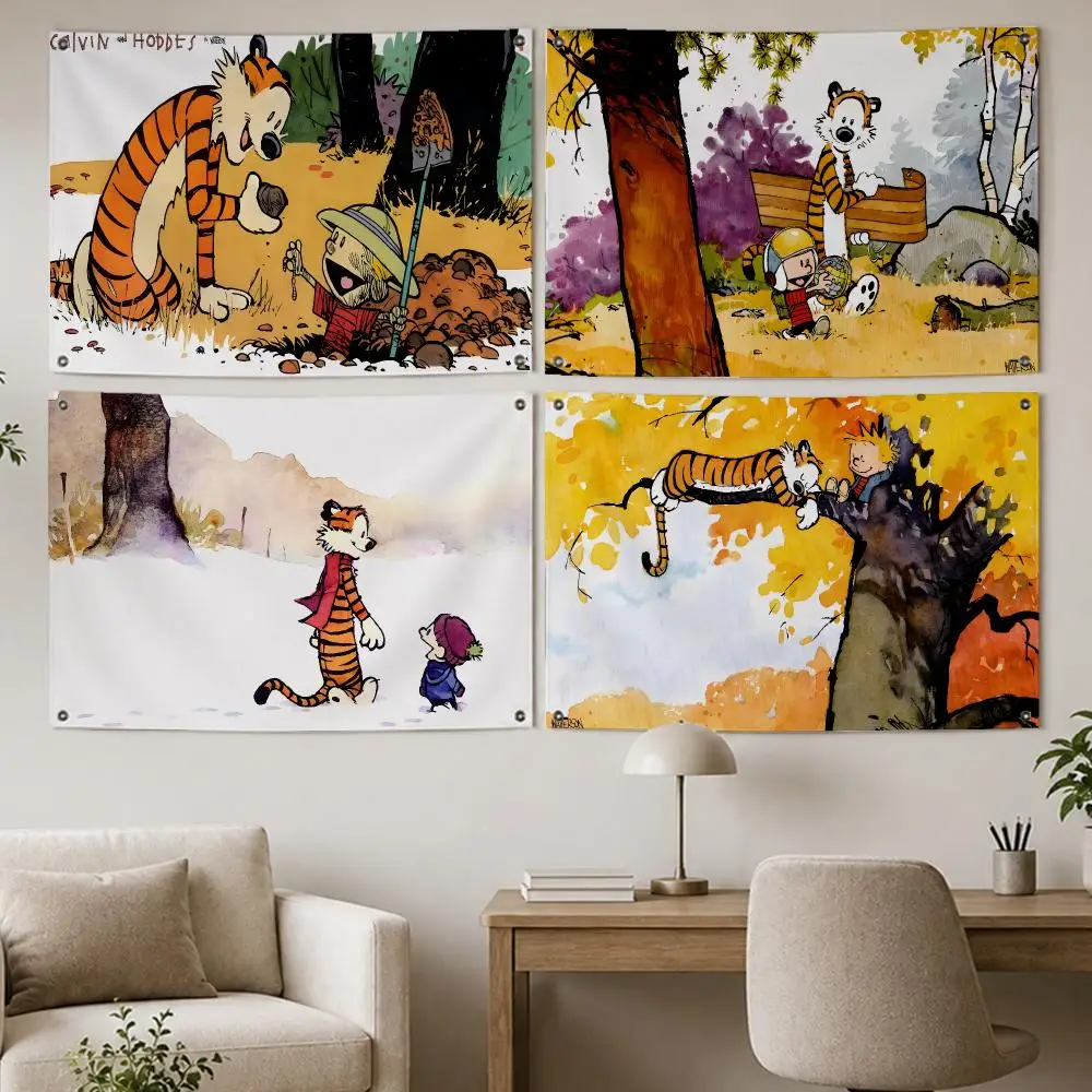 Cute Comic Calvin and Hobbes Flags Room Home Decor Wall‑Hanging Art Banner, Outdoor for Bedroom Party Background Decoration