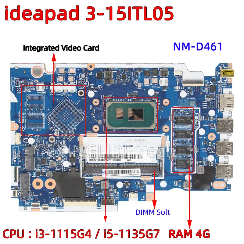NM-D461 สำหรับแล็ปท็อป Lenovo IdeaPad 3-15ITL05 แผงวงจรหลัก รองรับ CPU Intel i3-1115G4/i5-1135G7 ความจุ RAM 4GB ตรวจสอบและแนะนำอย่างละเอียด