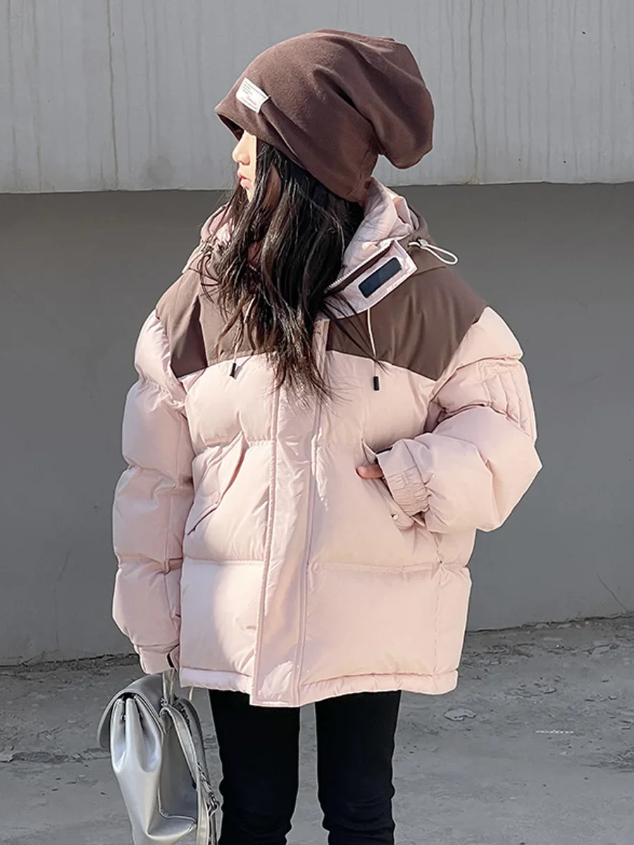 

Korean Style Boys Down Jacket Winter Pink/Black White Duck Down Hooded Parka Children Girls Loose Warm Coats XMP435