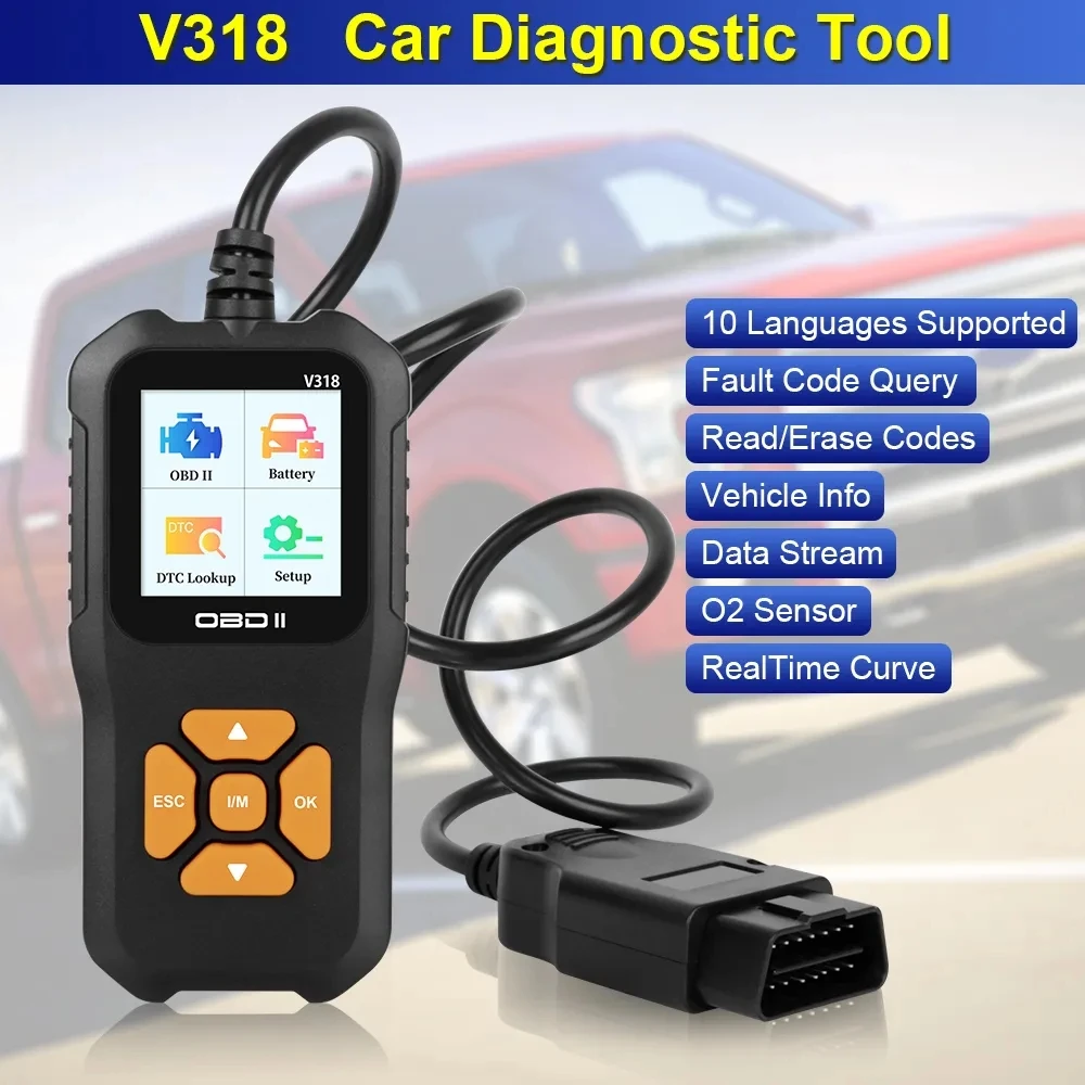 V318 OBD2 Scanner, Car Fault Diagnostic Tool to Read/Clear Engine Malfunction Light, 10 Languages Support