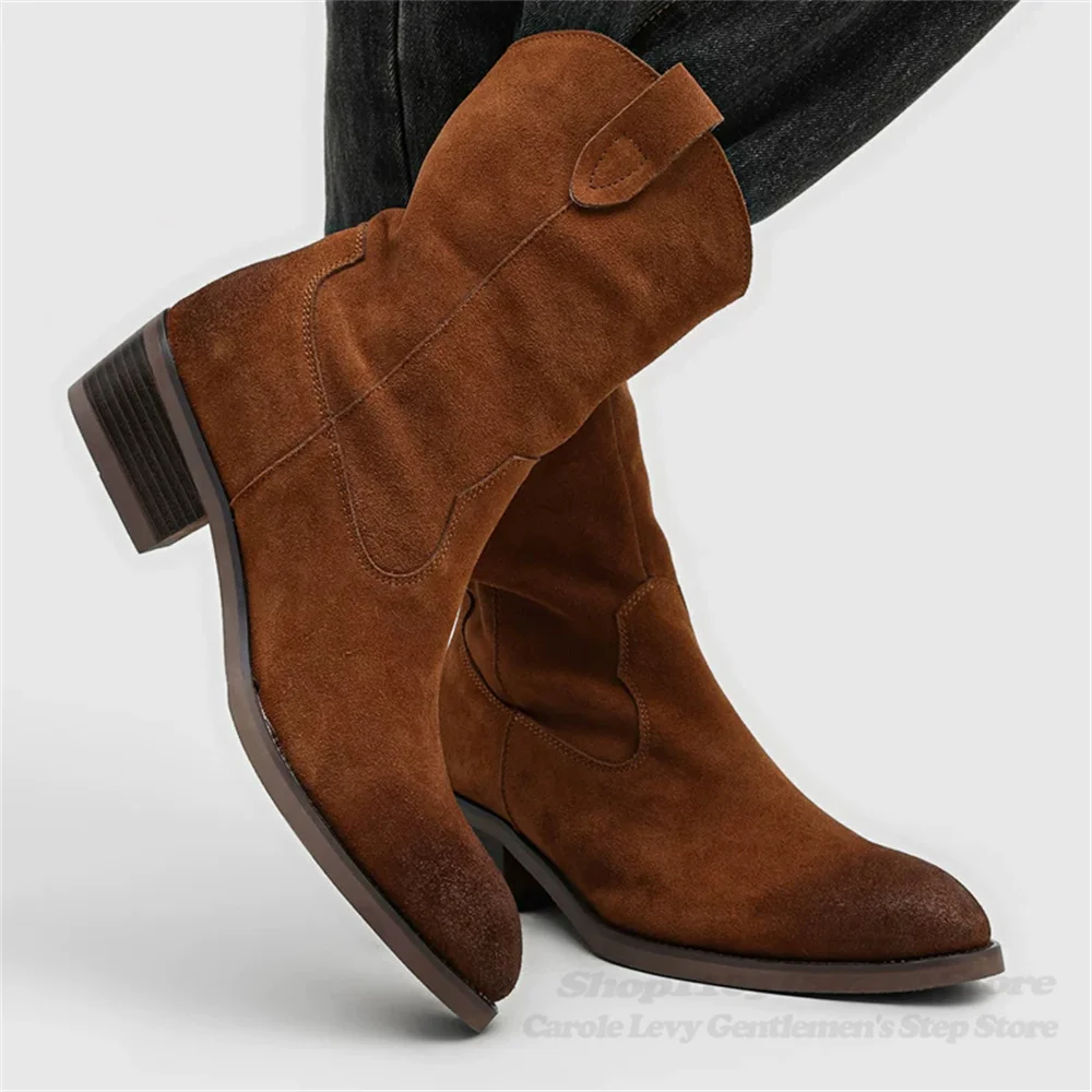 Men Thick Soled Height Increasing Western Cowboy Boots Pointed Toe Brushed Slip On High Top Trendy Chelsea Boots for Men