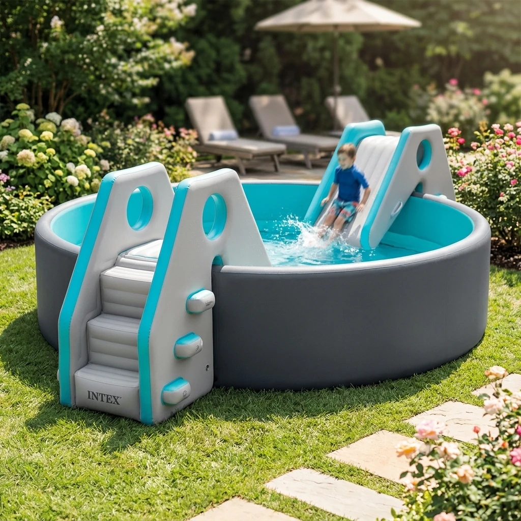 New Integrated Design Inflatable Pool Ladder With Slide, Stable Drop Stitch PVC Floating Steps For Outdoor Family Water Party