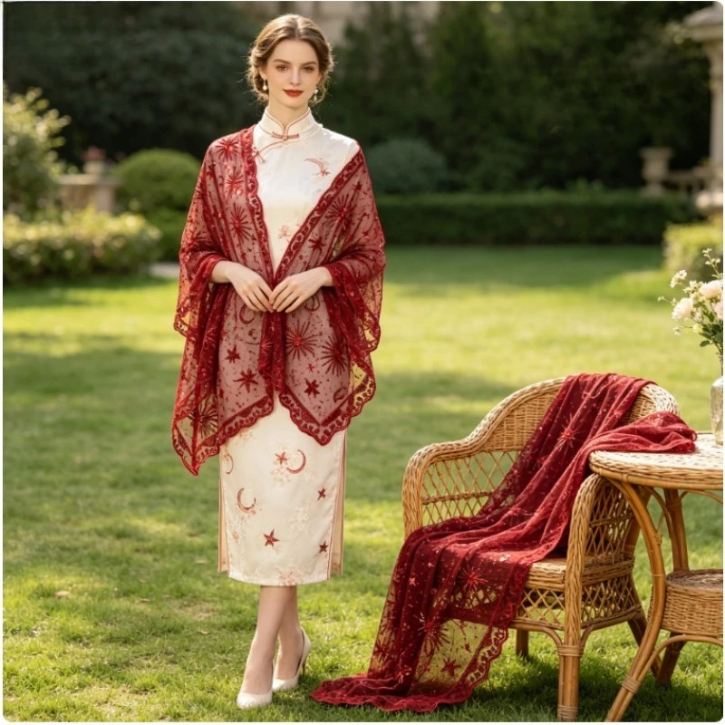 

Роскошная шаль с вышивкой звездами и луной, красивая верхняя одежда для свадебного платья, вечернего наряда, ципао, женский официальный палантин