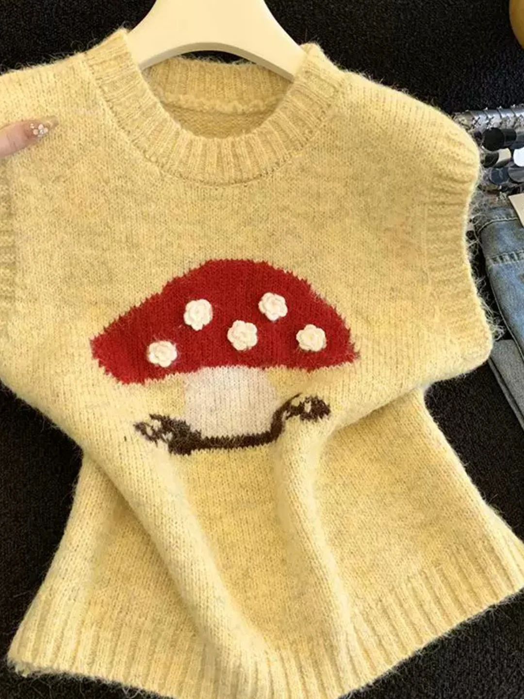 Mushroom Shaped Knitted Vest round Neck Pullover Sweater for Girls 3D Flower Design Ageless Fashion High Quality Top