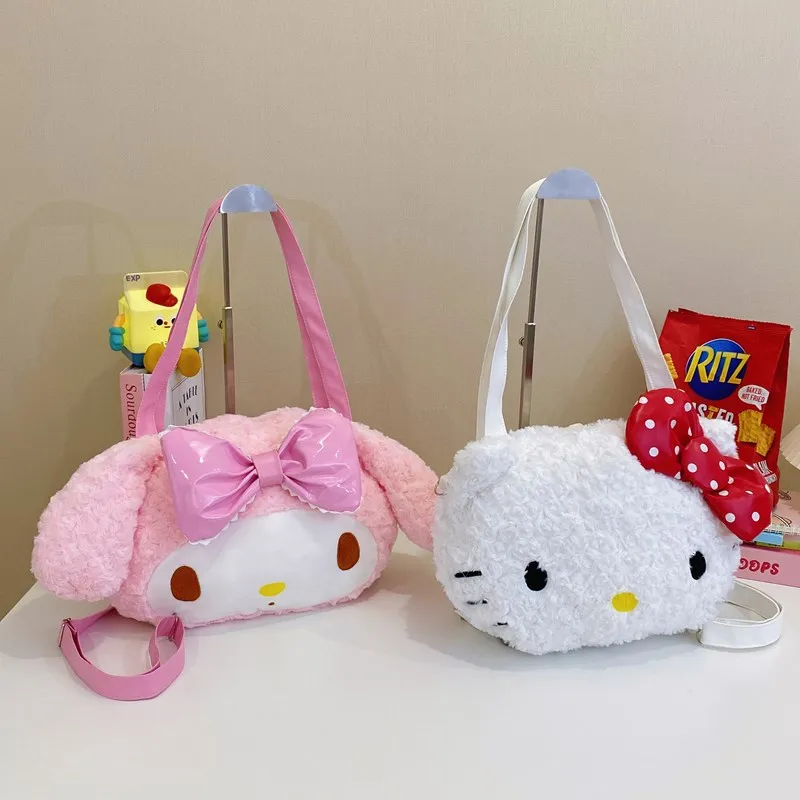 Cute Kt Cat Bag Bow Big Face Cat Plush Shoulder Bag Jk Soft Girl Melody Single Shoulder Storage Big Bag Can Give Gifts To Girls