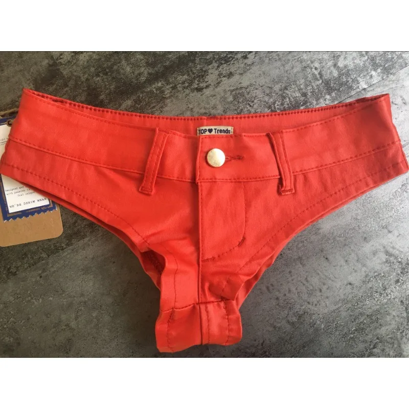 Nightclub Red Sexy Low Waist Elastic Denim PU Imitation Leather Button Zipper Shorts Women Hot Pants