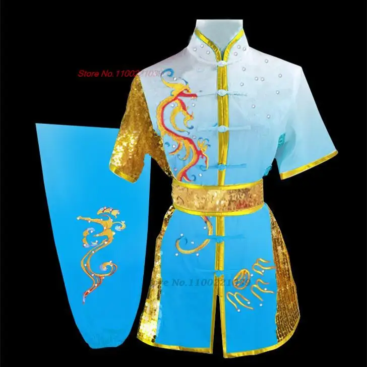 2024 traditional chinese wushu kung fu set sequin dragon embroidery shaolin uniform kungfu stage performance tops+pant+belt set