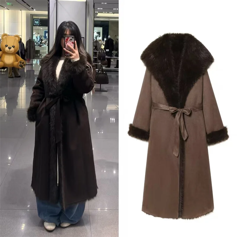 

Женское пальто 2025, зимнее новое стильное каштановое пальто с длинными рукавами и эффектом искусственного меха с поясом, длинная куртка, стильная и теплая