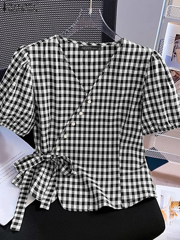

ZANZEA Women Vintage Gingham Blouses Casual Short Puff Sleeve V-Neck Wrapped Shirts Summer Elegant Tied Waist Peplum Tops