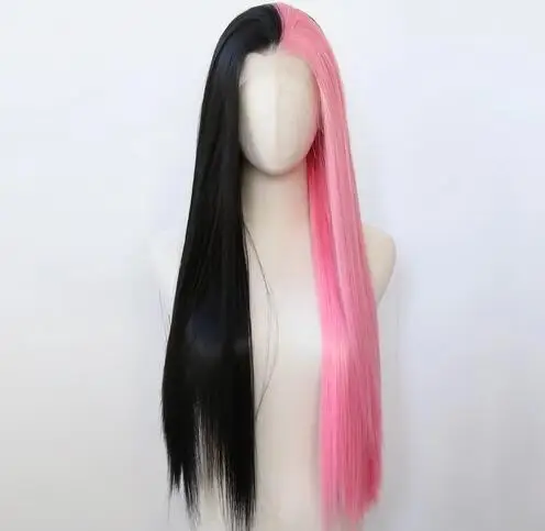 Half Black and Half Pink Synthetic Lace Front Wig Long Straight Synthetic Wig Pre Plucked Heat Resistant Hair Wig