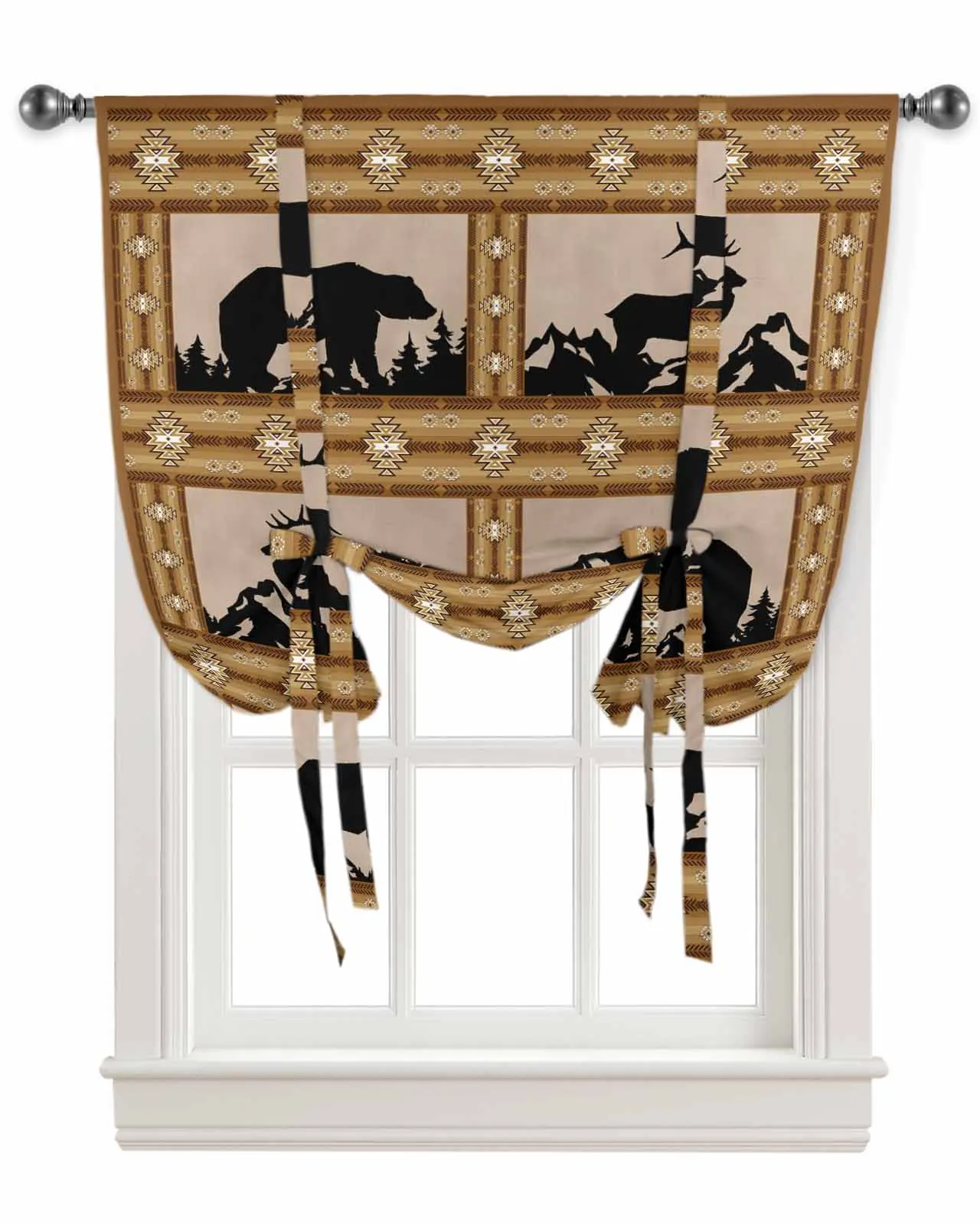 Fall Forest Bear Bohemia Window Curtain for Living Room Bedroom Balcony Cafe Kitchen Tie-up Roman Curtain