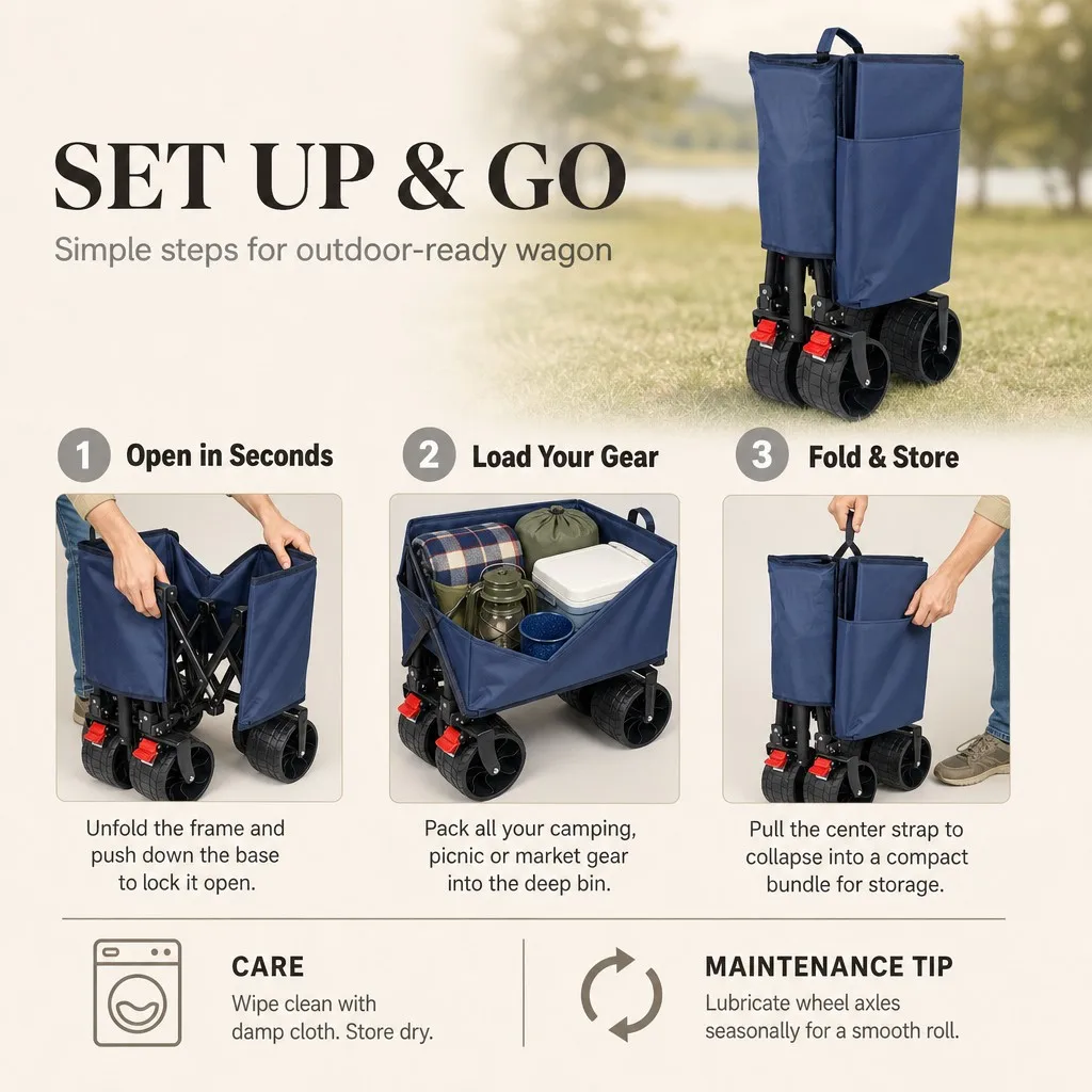 Navy Blue Folding Utility Cart Heavy Duty Collapsible Utility Wagon with Wheels Rolling 360 Swivel Smooth Bearings Camping Cart