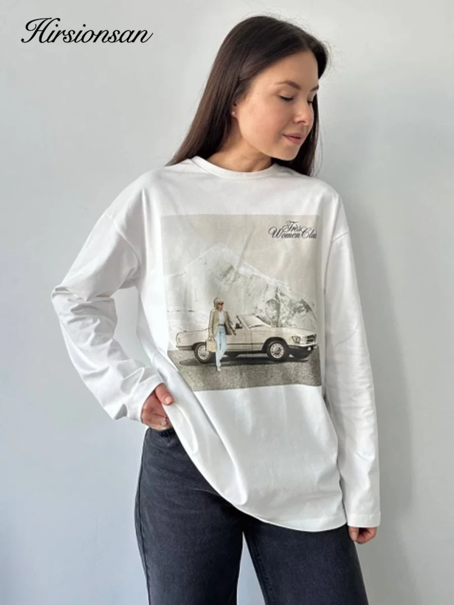 

Hirsionsan Letter Printed Long Sleeved T-shirt for Women Loose Fit Pure Cotton Round Neck Basic Top