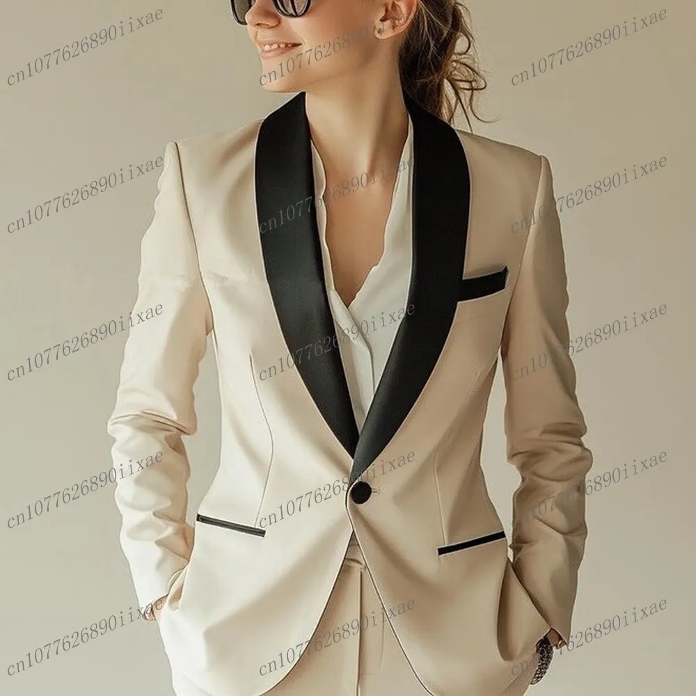 New Black Collar Beige Women Suits Lady Business Office Tuxedos Mother Wedding Party Formal Ladies 2 Piece Set Jacket Pants