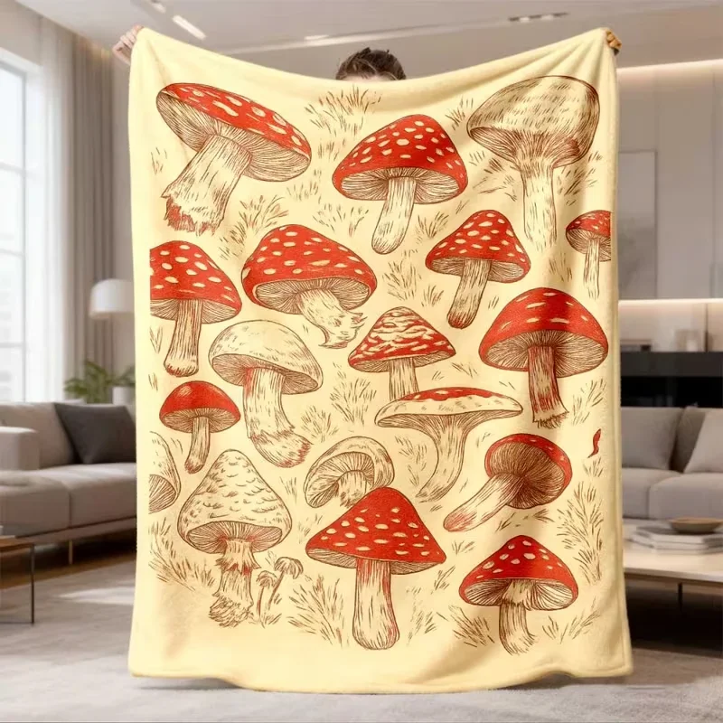 Vintage Hand Drawn Red Fly Agaric Mushroom Blanket Retro Forest Botanical Print Soft Warm Flannel Blanket for Sofa Bed Camping