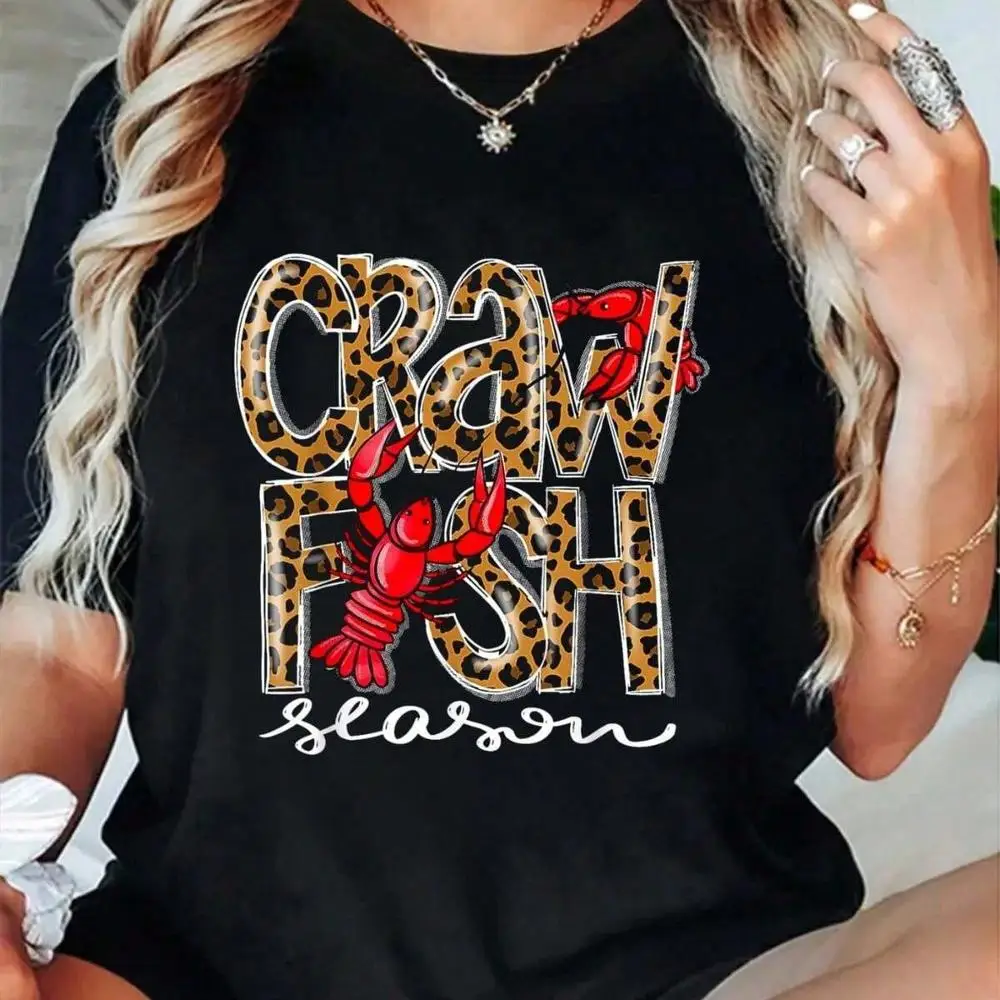 Cotton Crawfish Season Leopard Funny Crawfish Boil Lobster Cajun T-Shirt