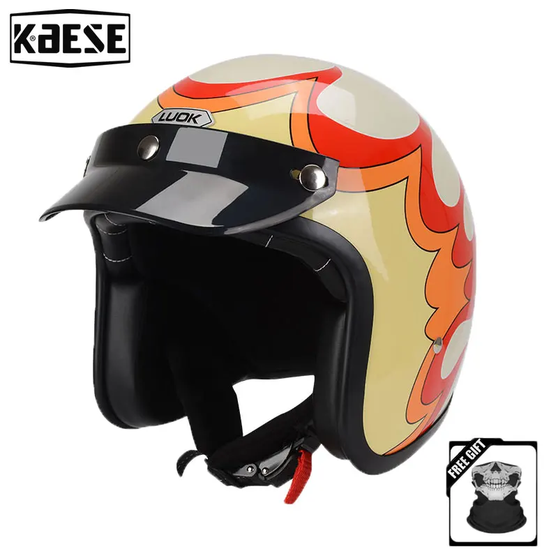 Flames Open Face Helmet Retro 3/4 Motorcycle Helmets Men ABS Shell Safty Cap German Style Jet Helmet Four Seasons DOT Approved