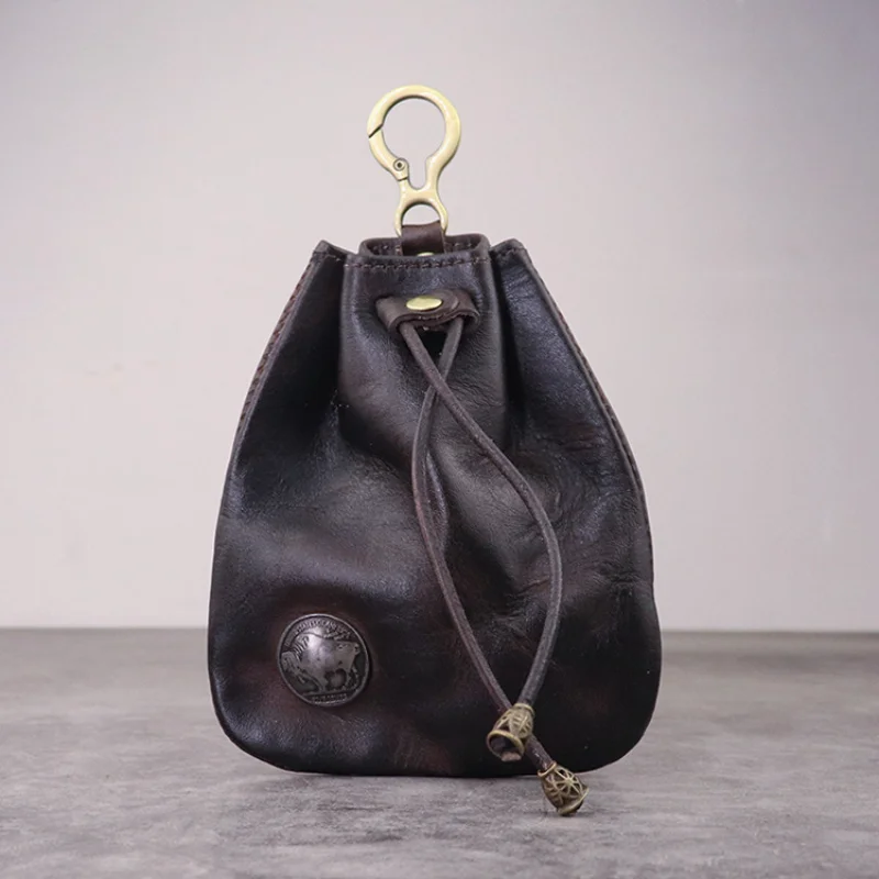 Handmade Vintage Wrinkled Coin Purse Top Layer Cowhide Coin Purse Drawstring Pull-out Money Bag