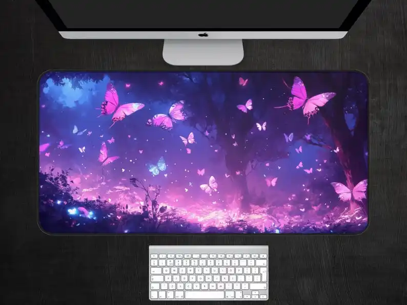 Butterfly Forest Deskmat,forest Mousepad,purple Neon Forest Deskmat,office Gaming Desk Decoration Mat, Perfect Gift for Friends.