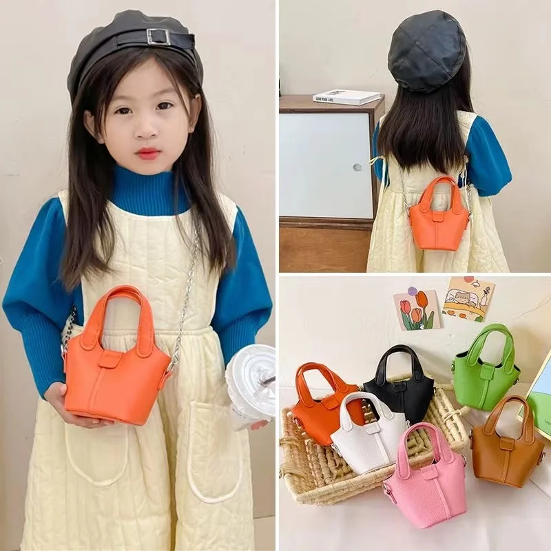 Free Ship Little Girls Messenger Bag Vintage PU Basket Bag Princess Kids Purses Handbag Tote Bucket Coin Purse Party Small Bag