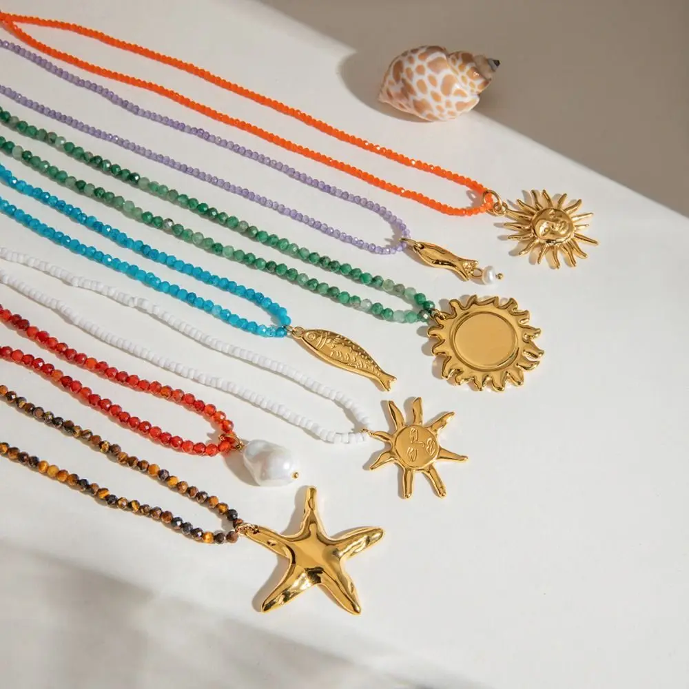 Collar con colgante de estrella de mar de acero inoxidable a la moda, estilo de vacaciones en el océano dorado, collar de gota de Metal, cadena de suéter de sol con cuentas para playa