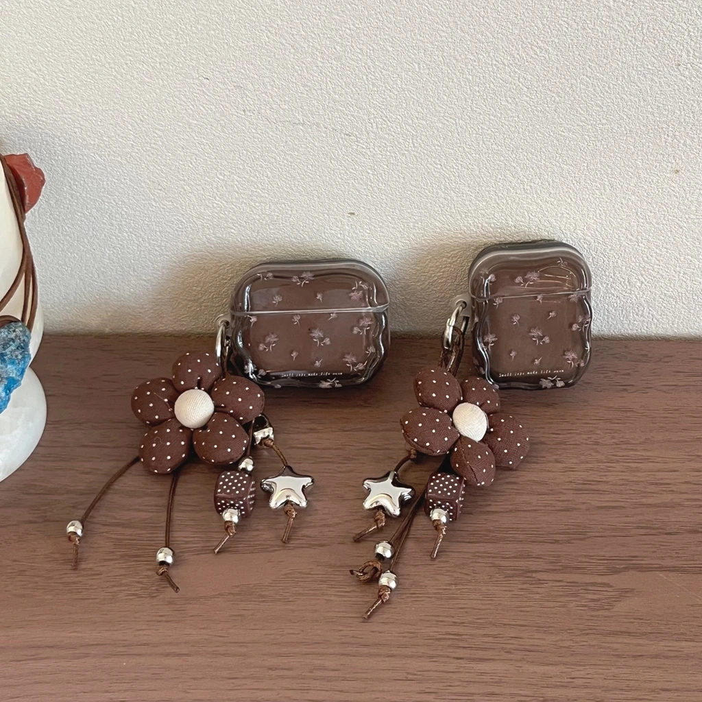 Vintage Brown Base Floral Wavy Edge Fabric  Polka Dot Flower Pendant Earphone Cover Case for AirPods 1 or 2 3 4 5 Pro 2 Pro 3