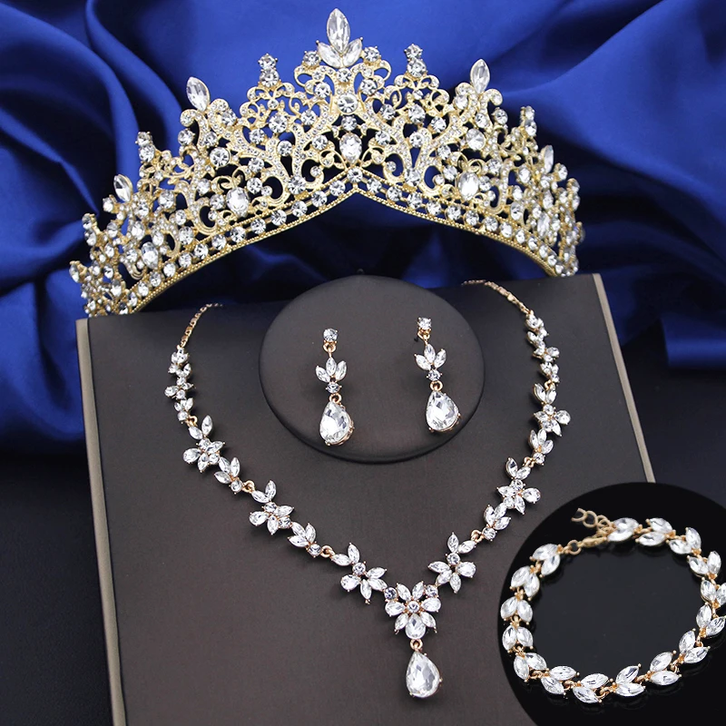 4 Pcs Lime Green Crown Jewelry Sets for Women Fashion Tiaras Bracelets Earrings and Necklace Sets Bride Wedding Prom Accessories