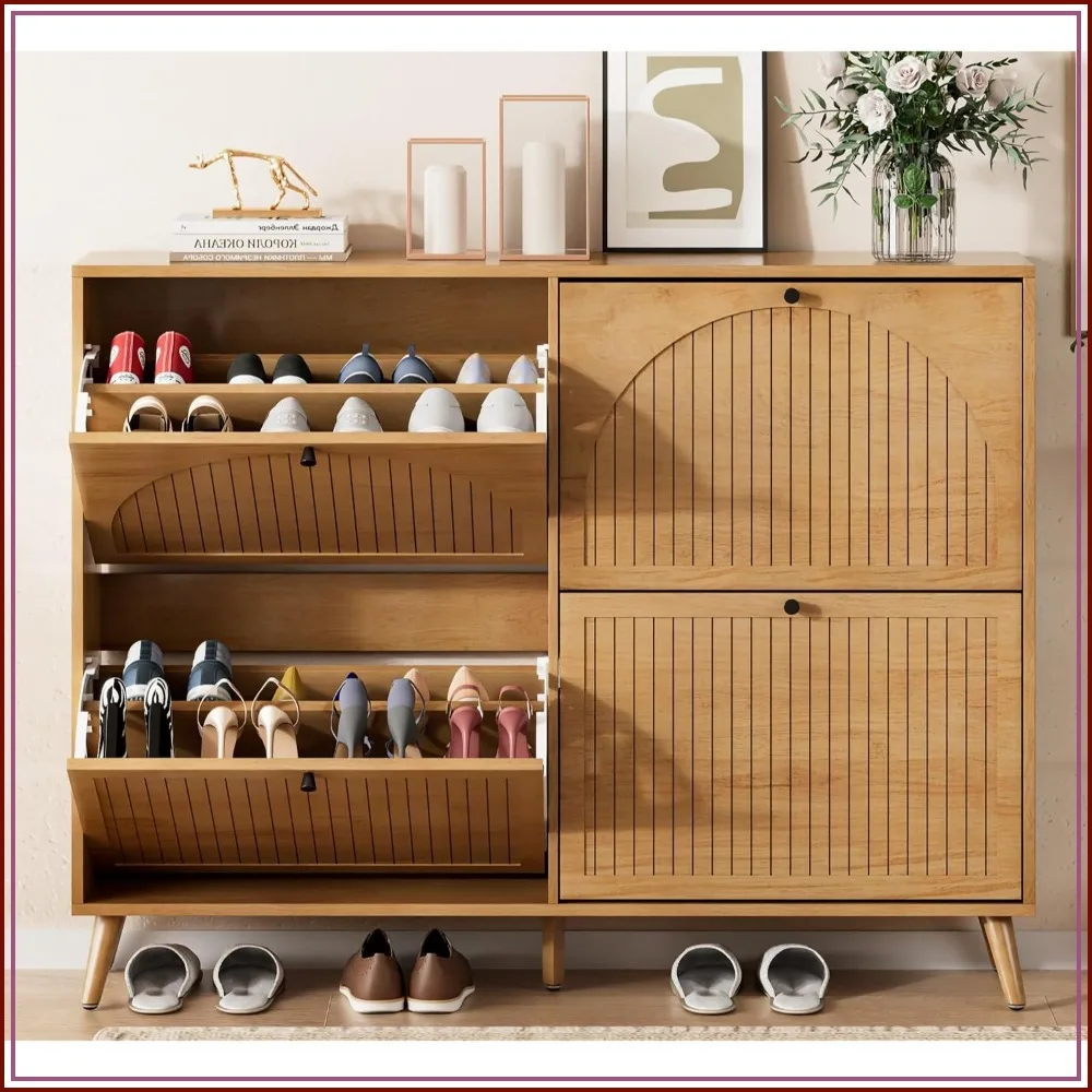 Shoe Storage Cabinet for Entryway with 4 Fluted Flip Drawers, Oak Finish