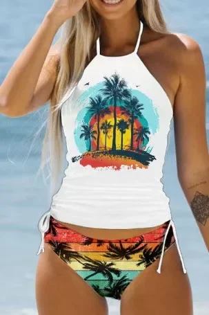 ビキニセットネクタイホルター水着女性水着 Biquinis 背中の開いたビーチ水着巾着サイドホルターネックタンキニセット