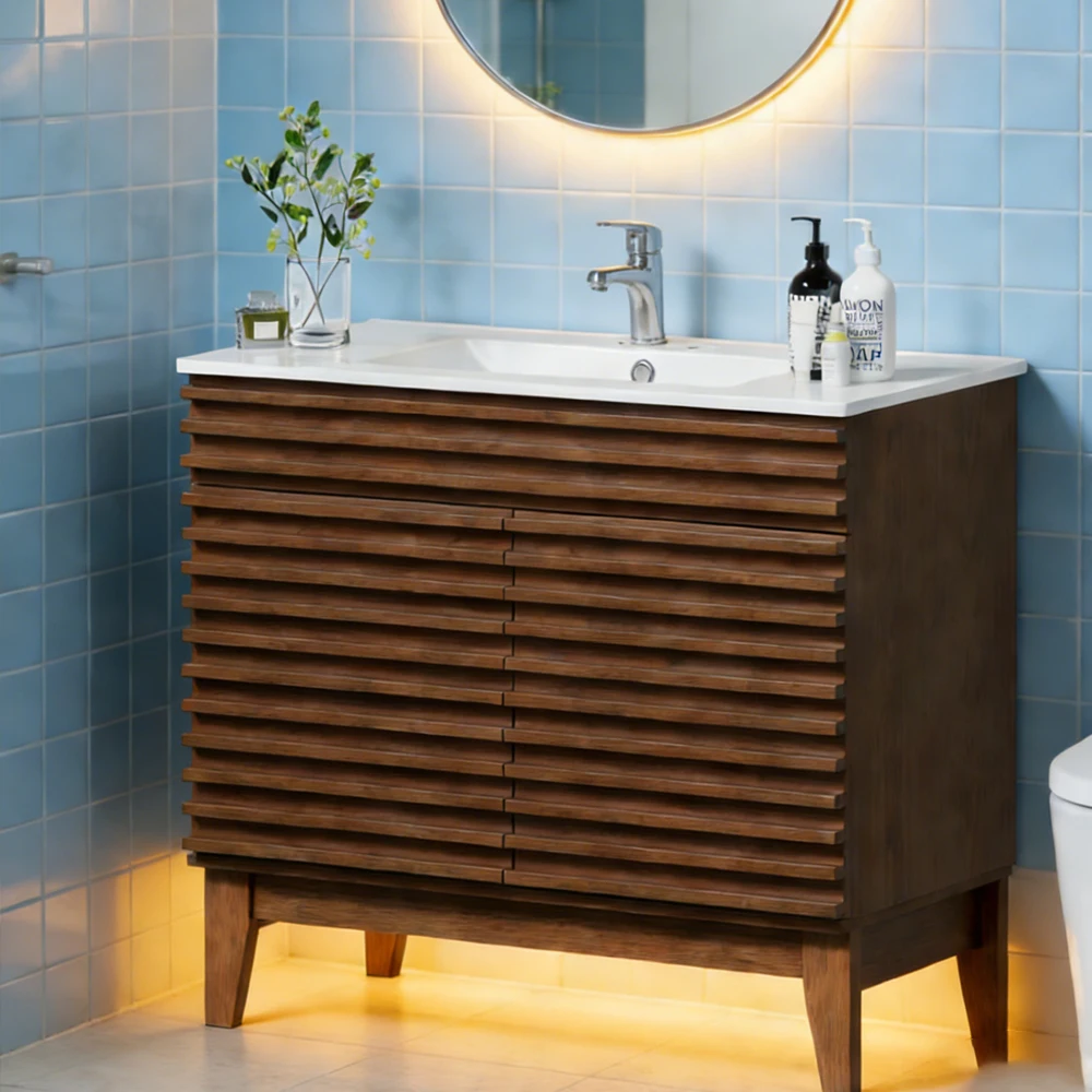 48 Inch Modern Bathroom Vanity with Sink Walnut Finish Freestanding Bathroom Cabinet Round Mirror Slatted Doors Storage Cabinet