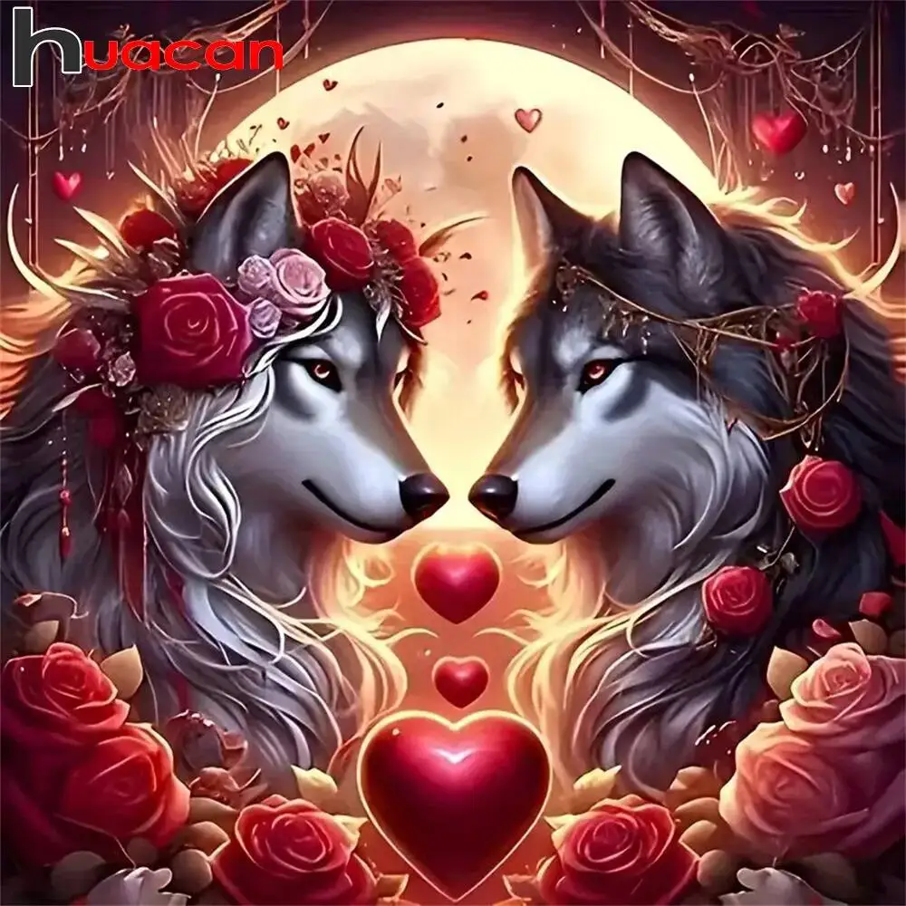 Huacan Diamant-Gemälde, Wolf, Tierliebe, Landschaft, volle Runde, Diamant-Mosaik, Heimdekoration
