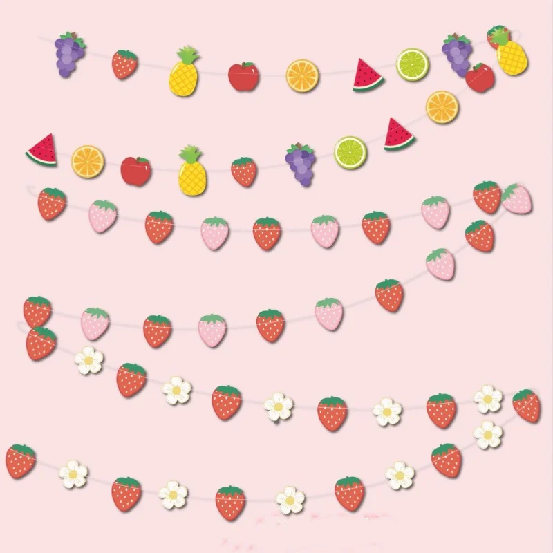 Fruit Theme Party Strawberry Grape Cherry Paper Pull Flower Kids Birthday Baby Shower Hawaiian Party Hanging Bunting Garland Dec