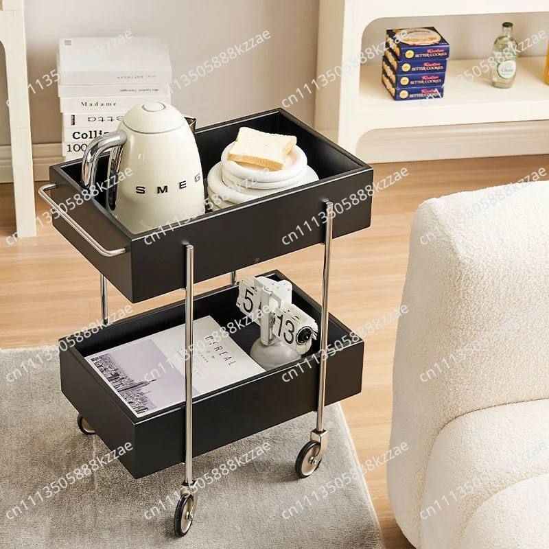 Solid Wood Mobile Cart with Wheels Kitchen Island Side Table Metal Craft Snack Holder Self-Contained Furniture Trolley Cart