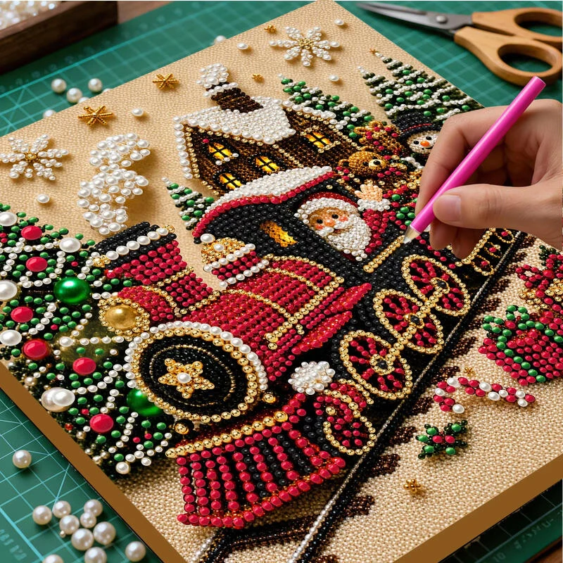 2026 Christmas Pearl Painting Set Santa Claus Snowman Train 3D Pearl Craft Kit Handmade Wall Home Decoration Items For Adults