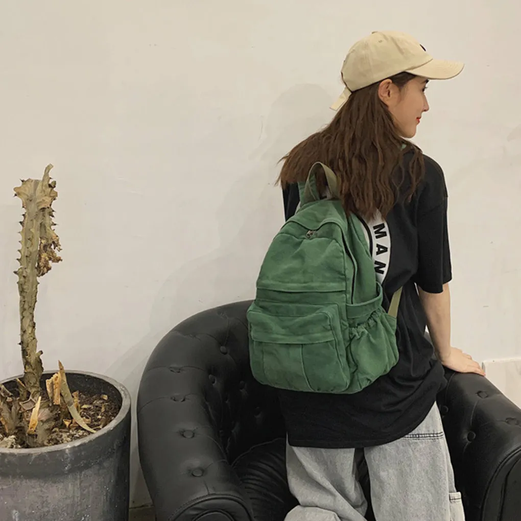 Canvas Backpack Zipper Daypack Solid Color Schoolbag Shoulder Bag