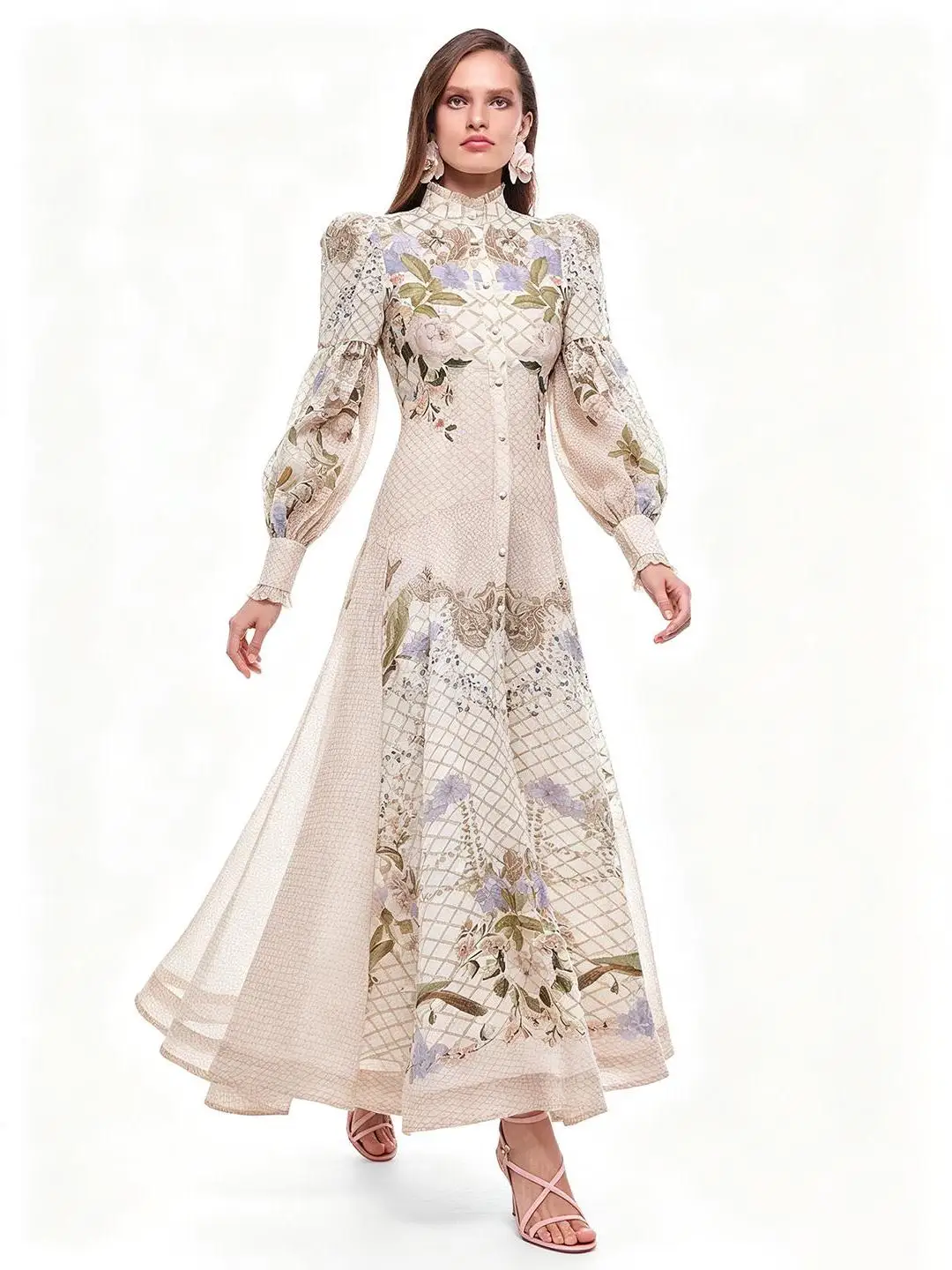 Light Tawny Printed Long Dress with Bubble Sleeves Women's Vintage Style Gown Loose Fit H-Shape Casual Wear Spring Autumn