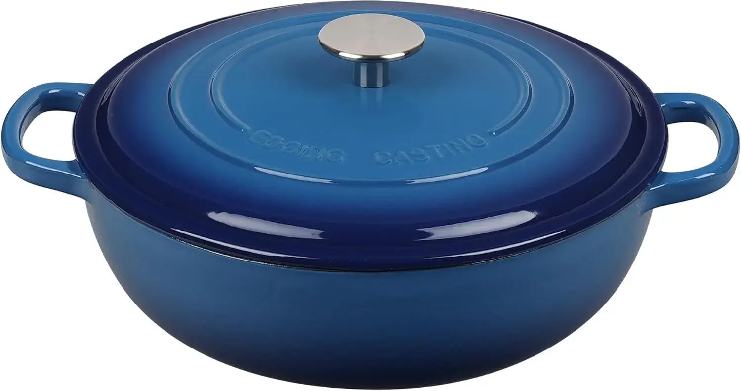 

Enameled Cast Iron Dutch Oven Shallow Casserole Braiser with Dual Handle, 3.8 QT, Lake Blue