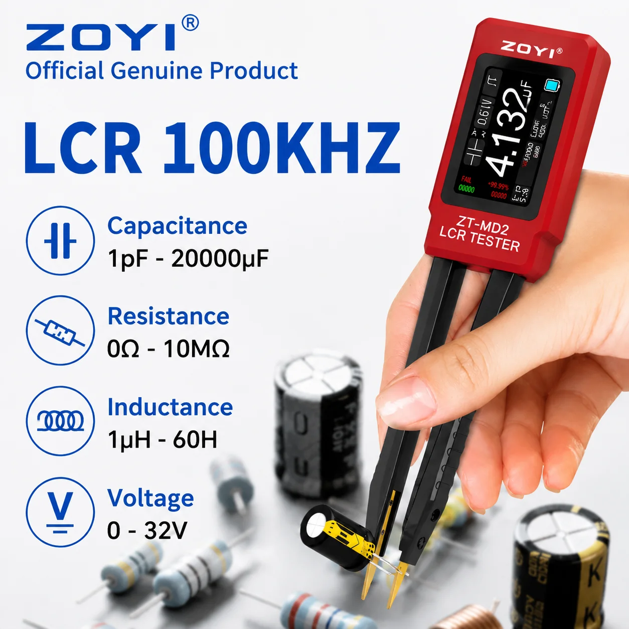 ZOYI MD2 Smart 2-in-1 Tweezers LCR/ESR Tester 4-Wire Kelvin Clip 100kHz High Precision for SMD R C L ESR Measurement