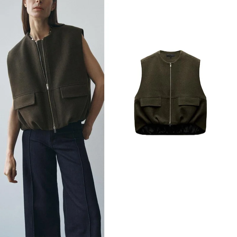 

New Autumn Winter Women's Wool Blend Folded Loose ket round Ne Svel Vest 9327 Comfortable Breathable Zipper Clo...