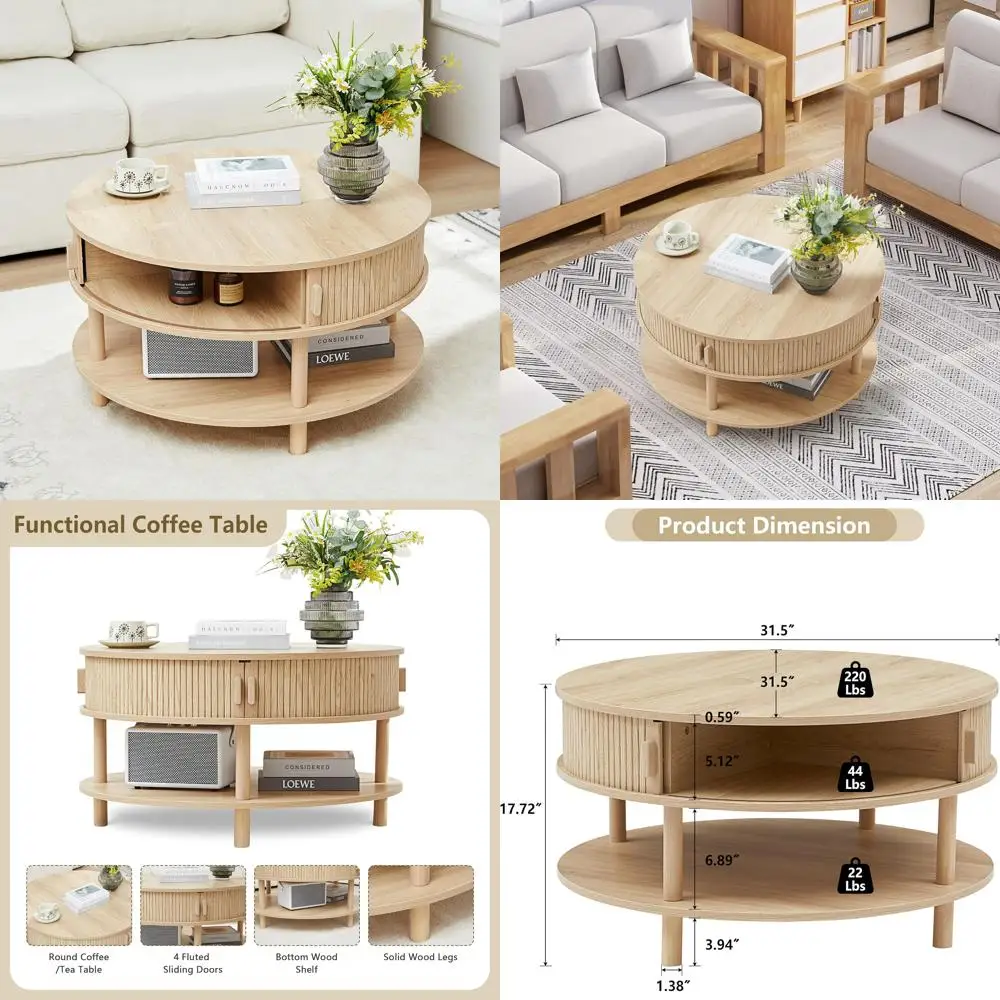 

Mid Century Modern Coffee Table with Storage, 2 Tier Round Table featuring Fluted Solid Wood Legs and Tambour Sliding Door
