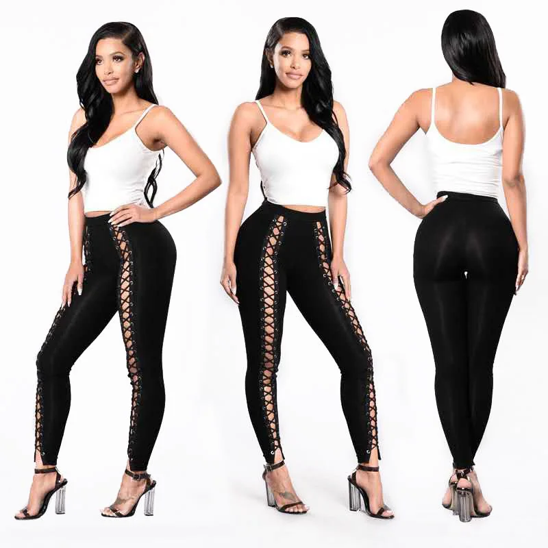 Sexy Front Eyelet Tie Leggings High Waist Milk Silk Long Pants Tight Fit Trousers Outerwear plus Size Women's Base Layer Pants