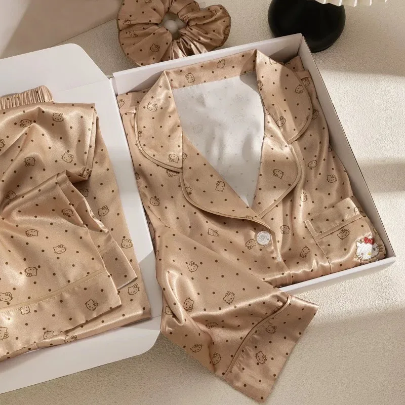 

Новые пижамы Hello Kitty, осенние брюки с длинными рукавами, комплект из двух предметов из ледяного шелка, повседневный женский комплект домашней одежды с героями мультфильмов Hello Kitty