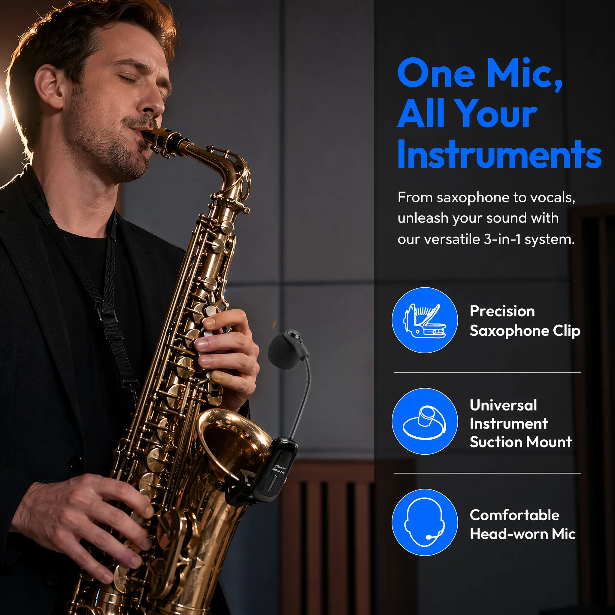 Miwayer SWM-202 4-in-1 Wireless Mic for Sax Guitar Violin, Play & Sing Together, Clip Suction Headset Pickup for Live Streaming view 6