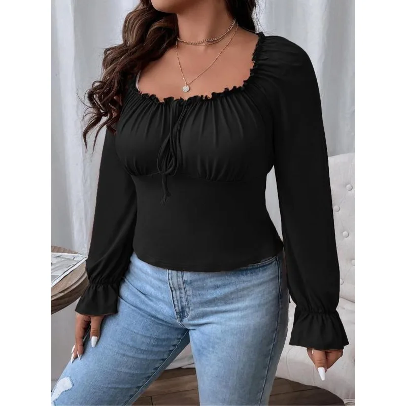 

Plus Size 1XL-5XL Autumn Women's Long Sleeve Women Solid Color Shirt Tops Slim Female Clothing