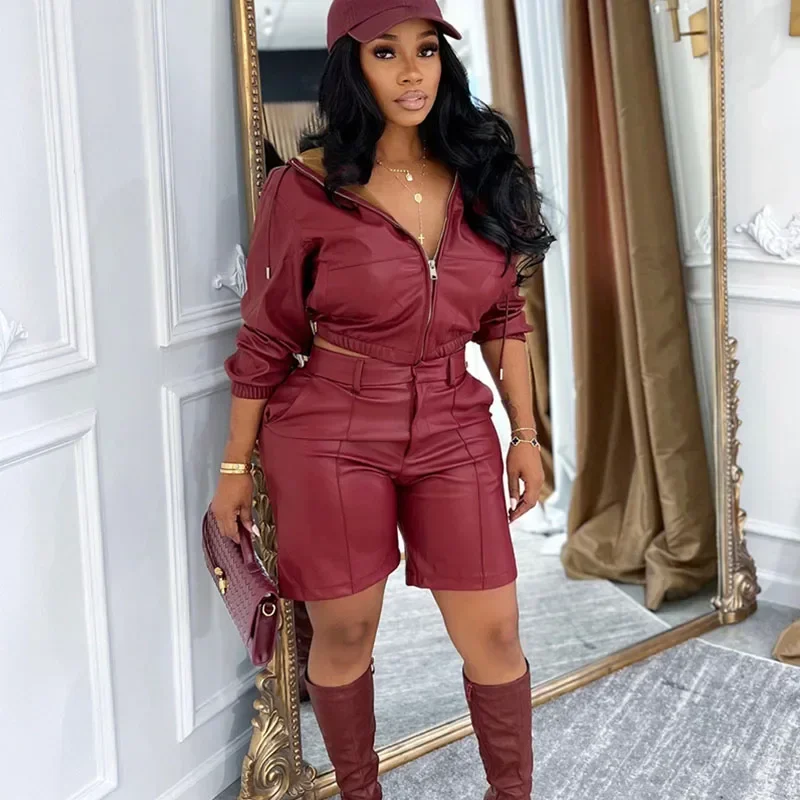 Doyerl PU Faux Leather 2 Piece Set Woman Motorcycle Long Sleeve Zipper Hooded Cropped Jacket and Shorts Matching Sets Outfits