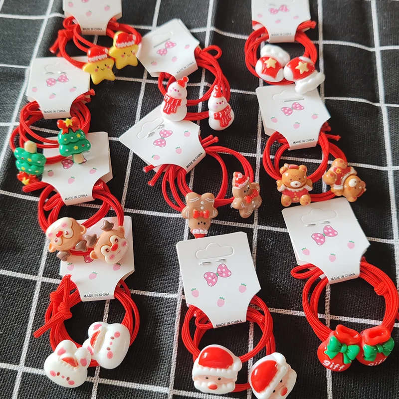 10pcs Cute Cartoon Christmas Elk Elastic Hair Bands Rubber Hair Rope Tie Girls Hair Scrunchie Ponytail Holder Gum Accessories