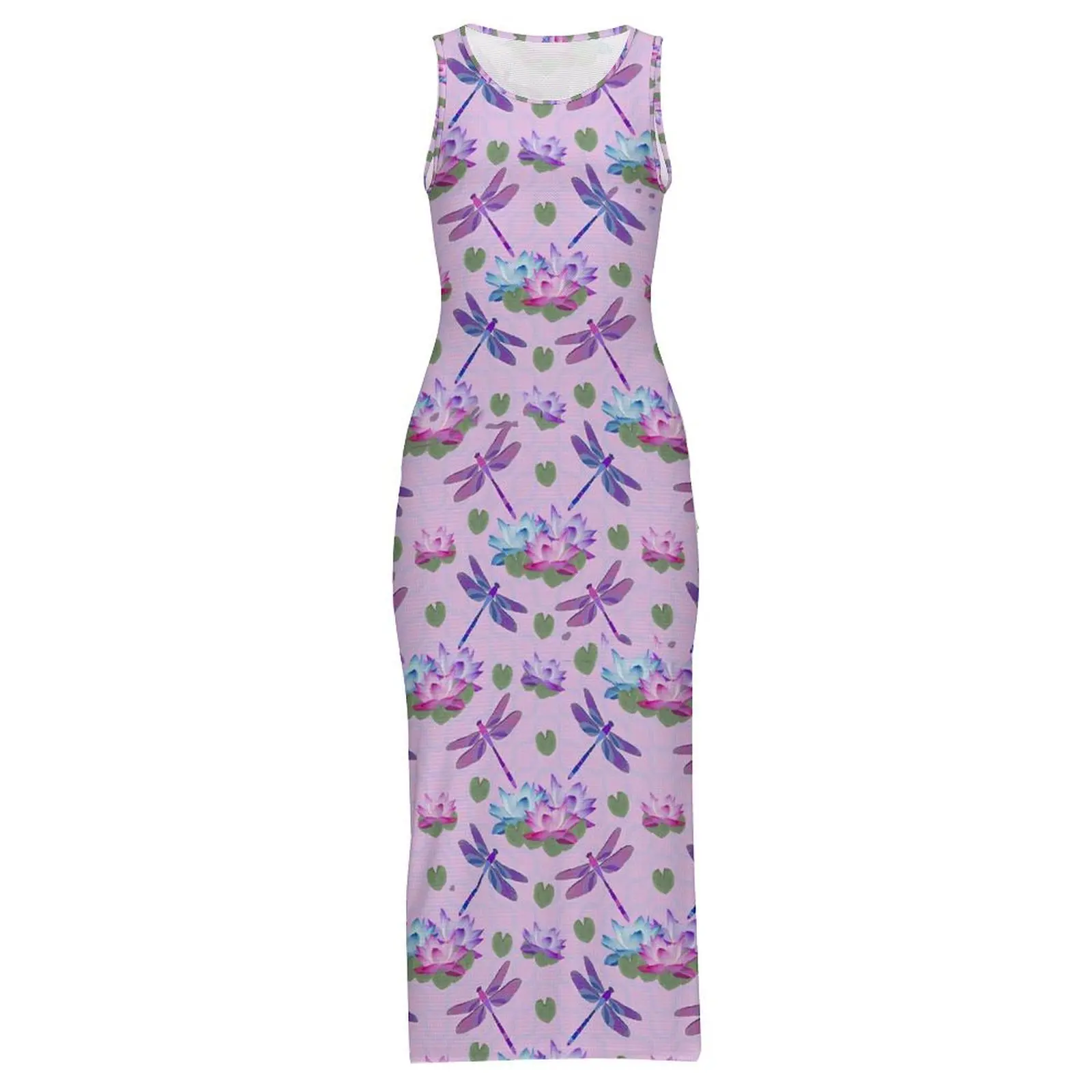 Libélula impressão vestido sem mangas flor de lótus retro maxi vestidos primavera streetwear impresso bodycon vestido tamanho grande 3xl 4xl