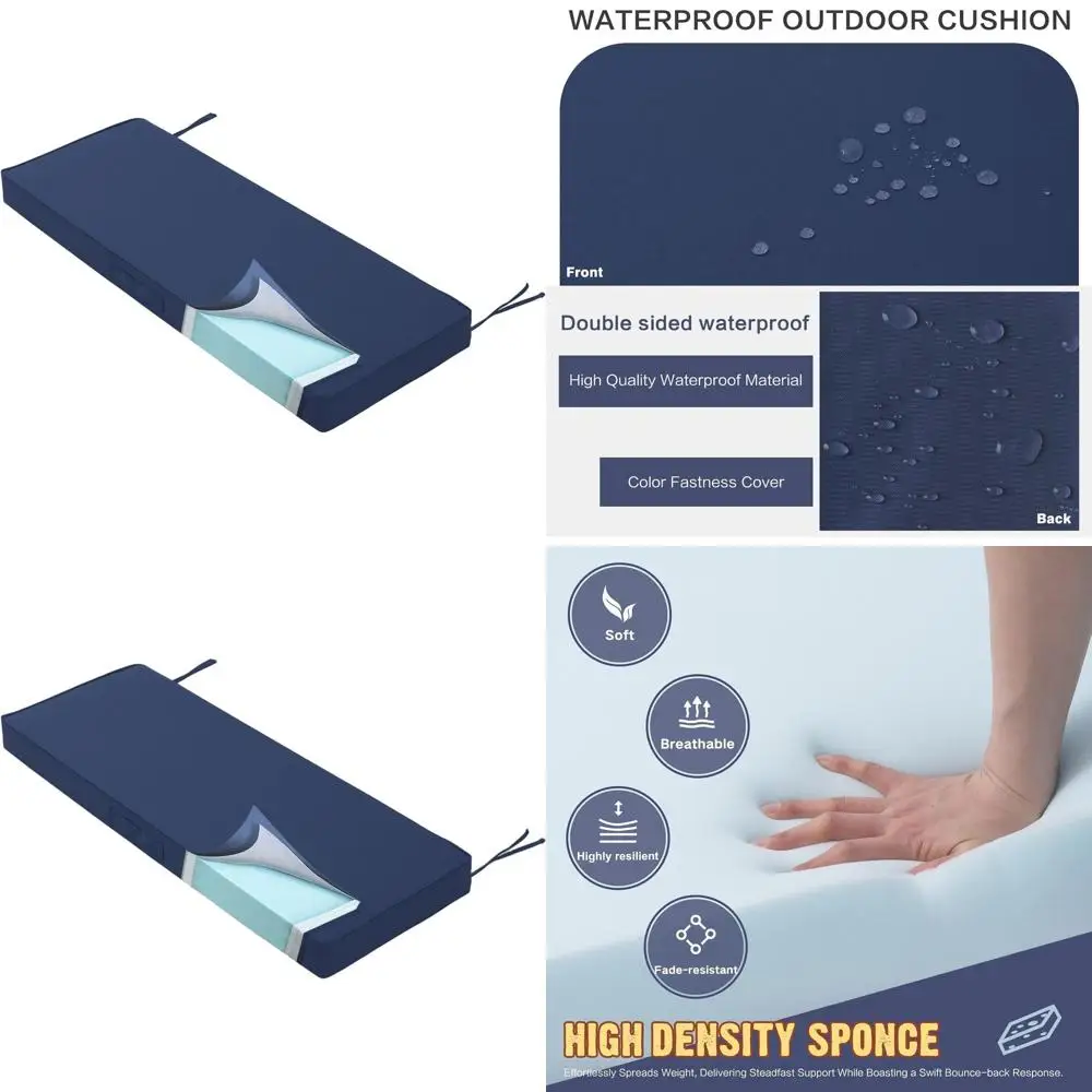 

48x18x4 Inch Outdoor Bench Cushion, Waterproof Memory Foam Patio Pad with Handle & Adjustable Strap, Navy Blue