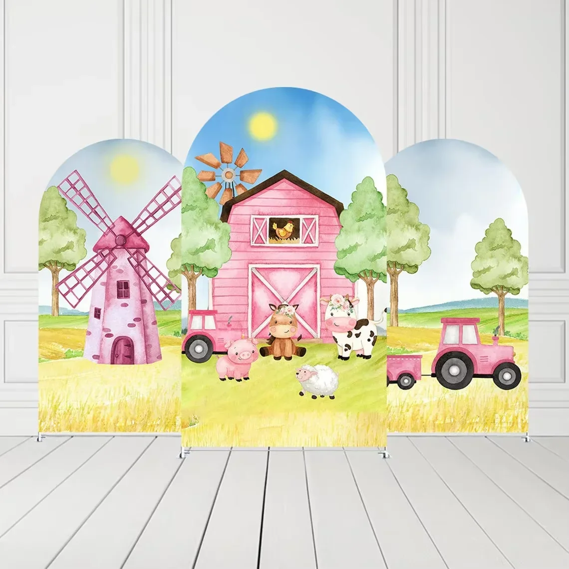 

Mehofond Custom 2-Sided Pink Barn Farm Cow Animals Birthday Party Baby Shower Covers Chiara Arch Background Decor Backdrop Photo