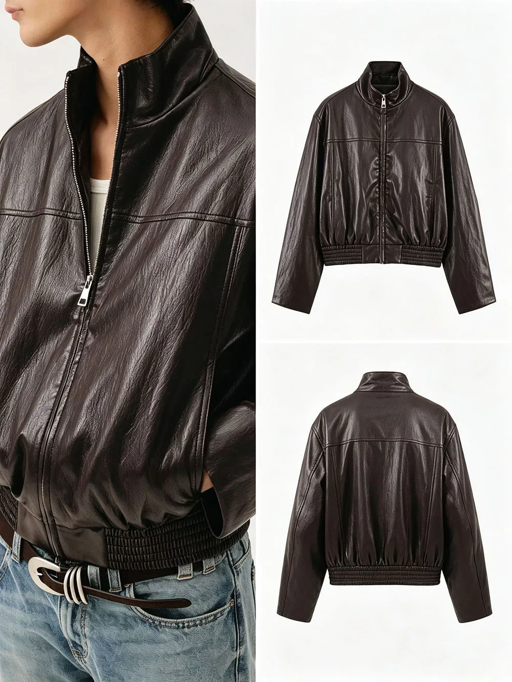 Brown Women PU Leather Jacket Short Classic Design Stand Collar Top Windproof Warm Coat Daily Commute Casual Style Outerwear